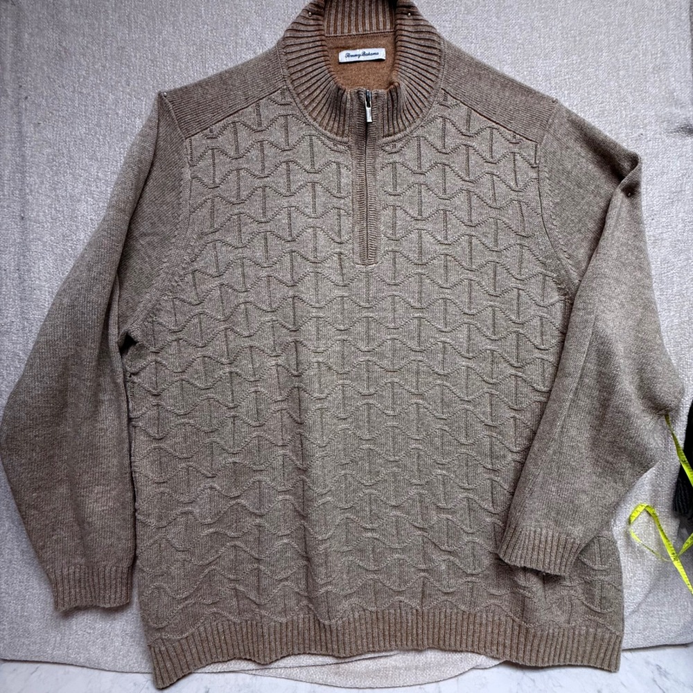 Tommy Bahama Mens 3XL Brown Textured Geometric Knit Quarter Zip Sweater
